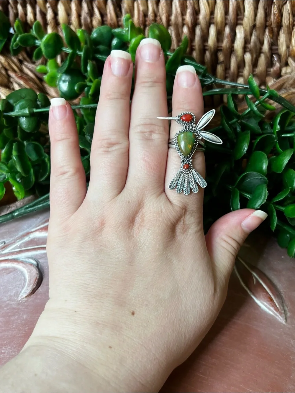 Hummingbird Ring Kingman Turquoise Red Coral Sterling Silver Size 7